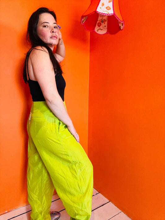 Side view of Emporio Armani Lime Green Cocoon Silk Trousers