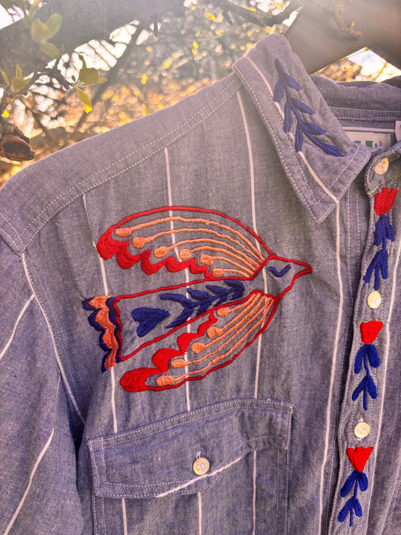 Hand Embroidered Folk Bird Shirt | One-of-a-Kind Wearable Art - I'd Wear That