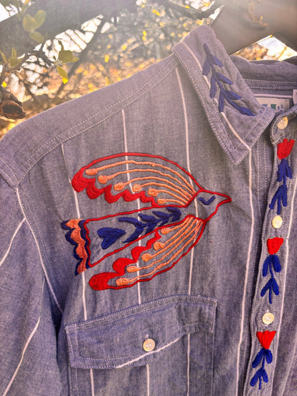 Hand Embroidered Folk Bird Shirt | One-of-a-Kind Wearable Art - I'd Wear That