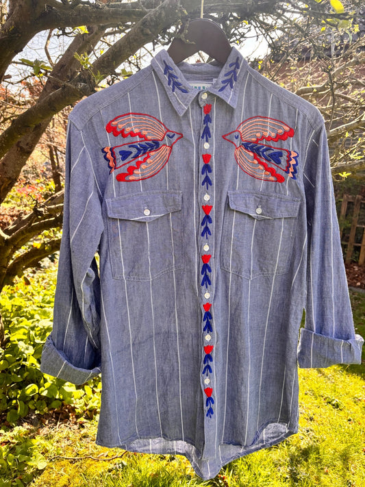 Hand Embroidered Folk Bird Shirt | One-of-a-Kind Wearable Art - I'd Wear That