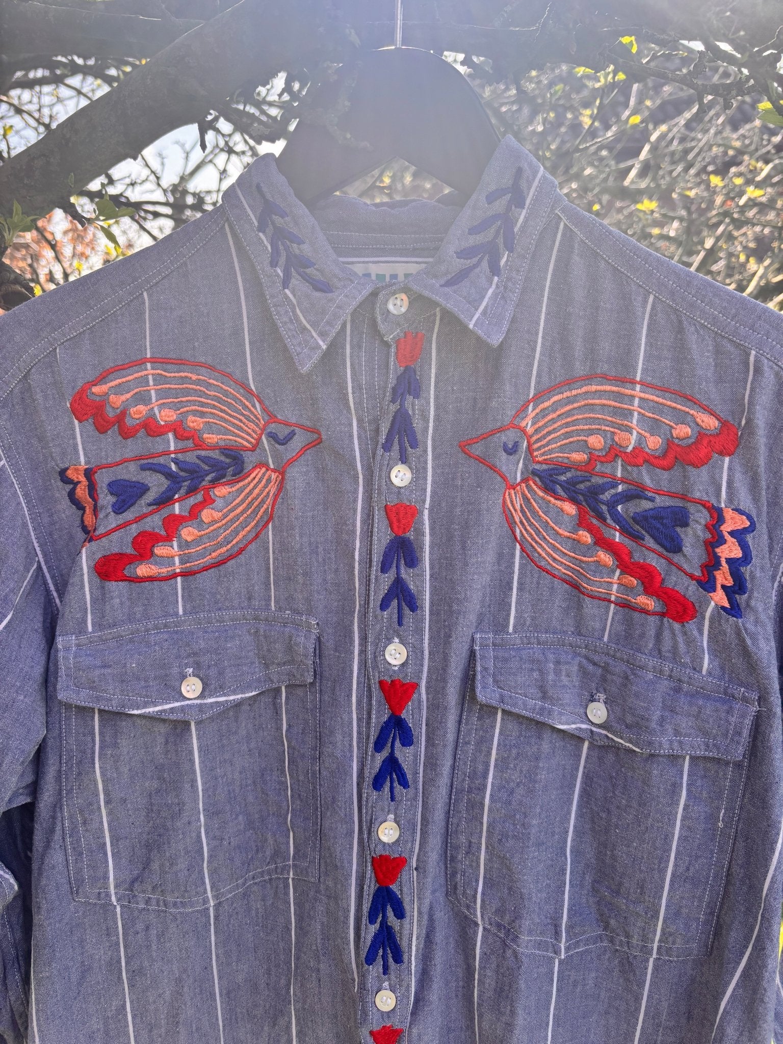 Hand Embroidered Folk Bird Shirt | One-of-a-Kind Wearable Art - I'd Wear That