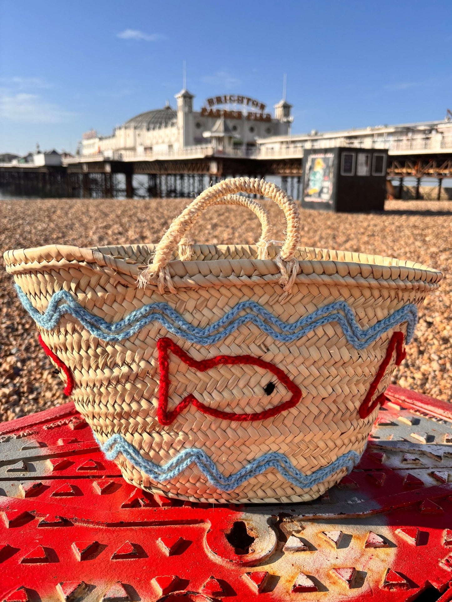 Handwoven Straw Bag with Embroidered Fish – Artisan Wicker Basket - I'd Wear That