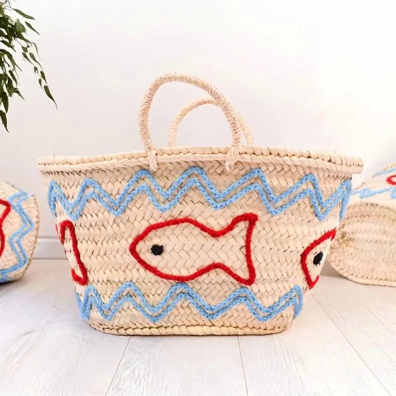 Handwoven Straw Bag with Embroidered Fish – Artisan Wicker Basket - I'd Wear That