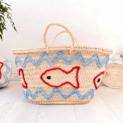 Handwoven Straw Bag with Embroidered Fish – Artisan Wicker Basket - I'd Wear That