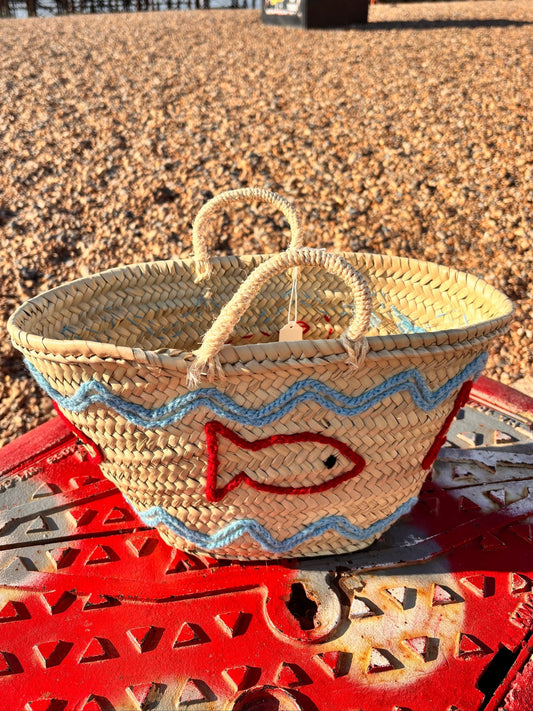 Handwoven Straw Bag with Embroidered Fish – Artisan Wicker Basket - I'd Wear That
