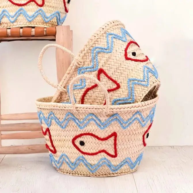 Handwoven Straw Bag with Embroidered Fish – Artisan Wicker Basket - I'd Wear That