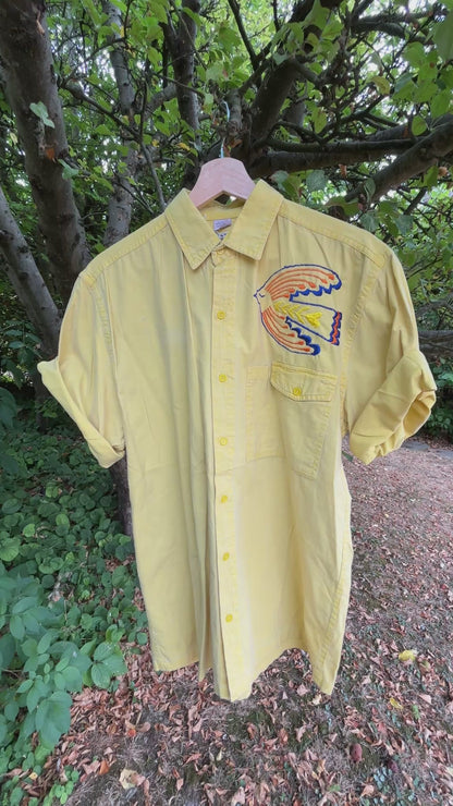Yellow Hand Embroidered Folk Bird Shirt | One-of-a-Kind Upcycled Vintage Shirt