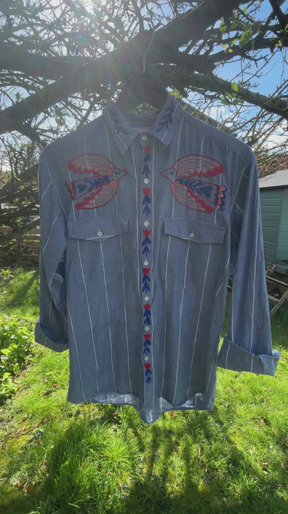 One-of-a-Kind Hand Guided Embroidered Folk Bird Shirt