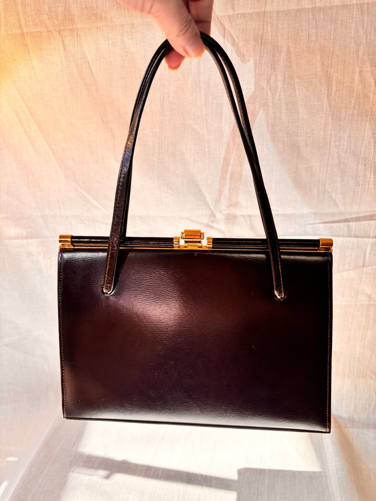Vintage 1960s Chocolate Brown Leather Structured Handbag with Gold Frame - I'd Wear That