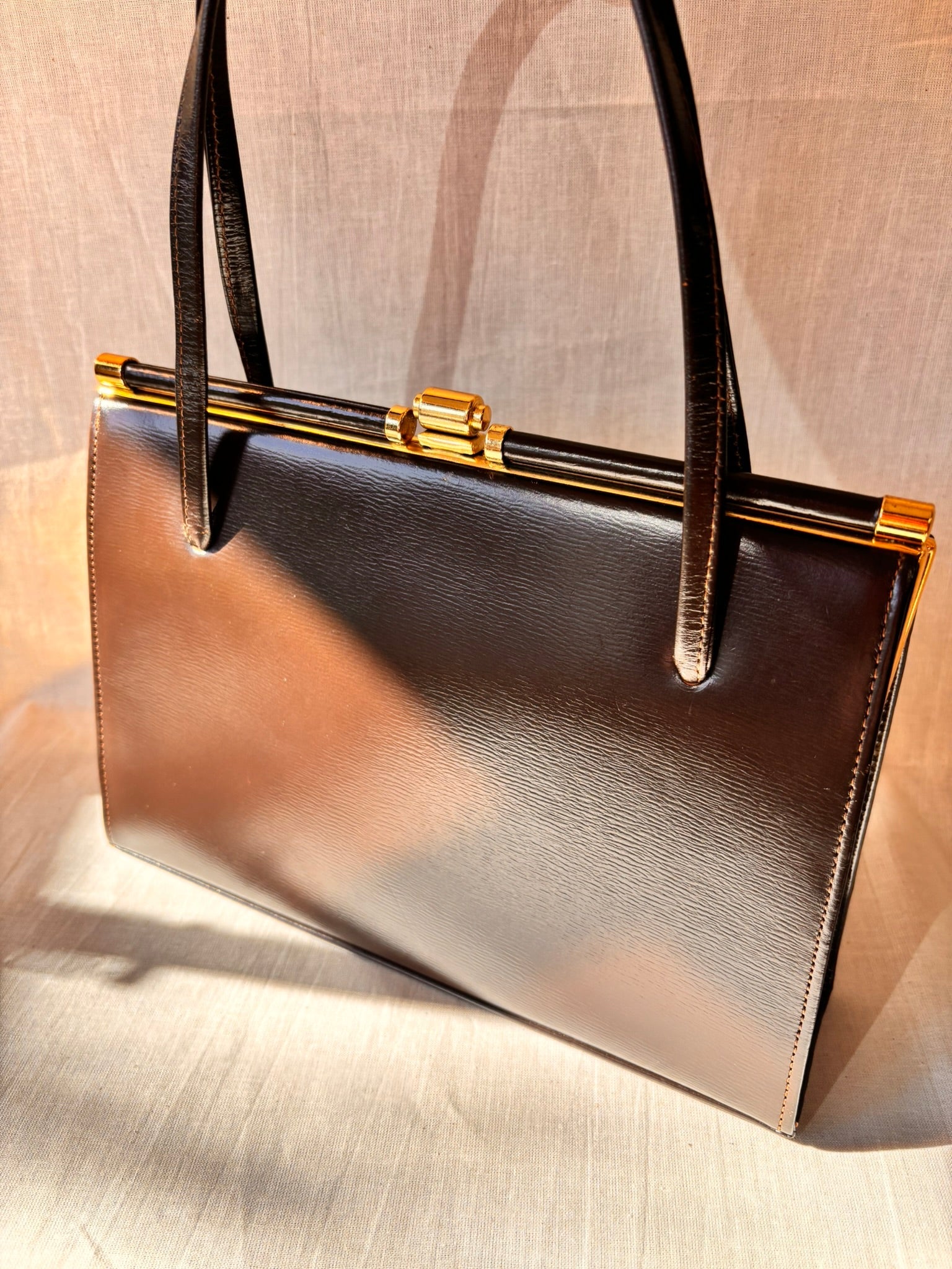 Vintage 1960s Chocolate Brown Leather Structured Handbag with Gold Frame - I'd Wear That