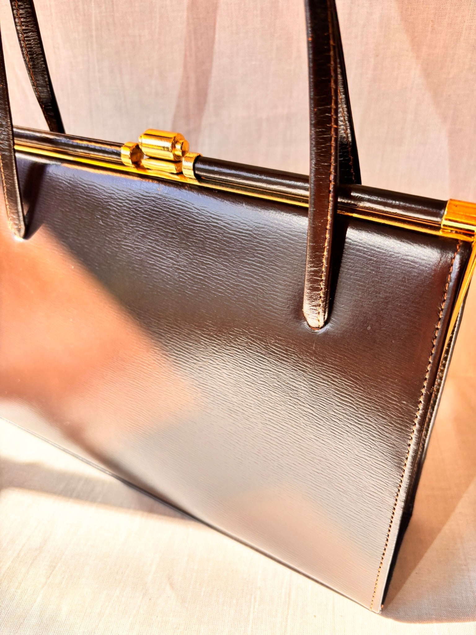 Vintage 1960s Chocolate Brown Leather Structured Handbag with Gold Frame - I'd Wear That