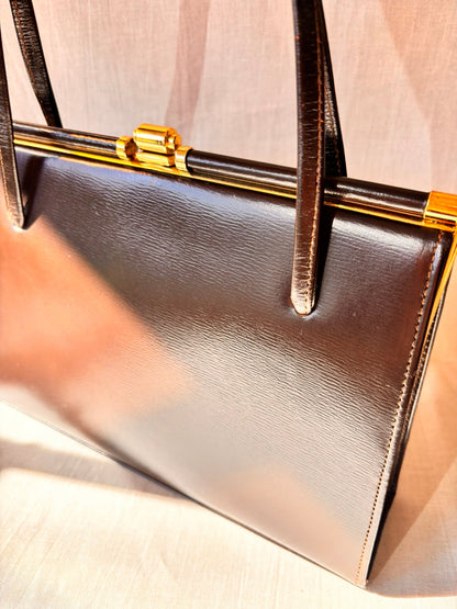 Vintage 1960s Chocolate Brown Leather Structured Handbag with Gold Frame - I'd Wear That