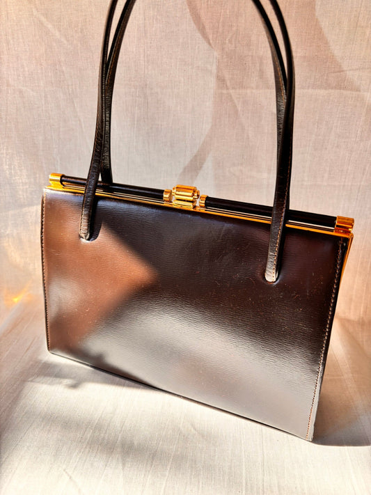 Vintage 1960s Chocolate Brown Leather Structured Handbag with Gold Frame - I'd Wear That
