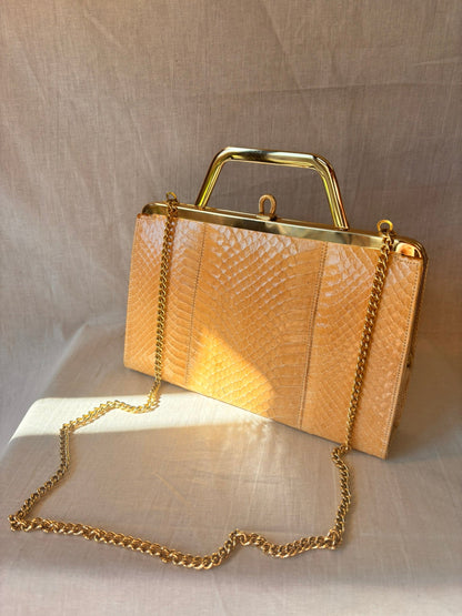 Vintage 1960s/1970s Genuine Snakeskin Clutch Bag with Gold Chain - I'd Wear That