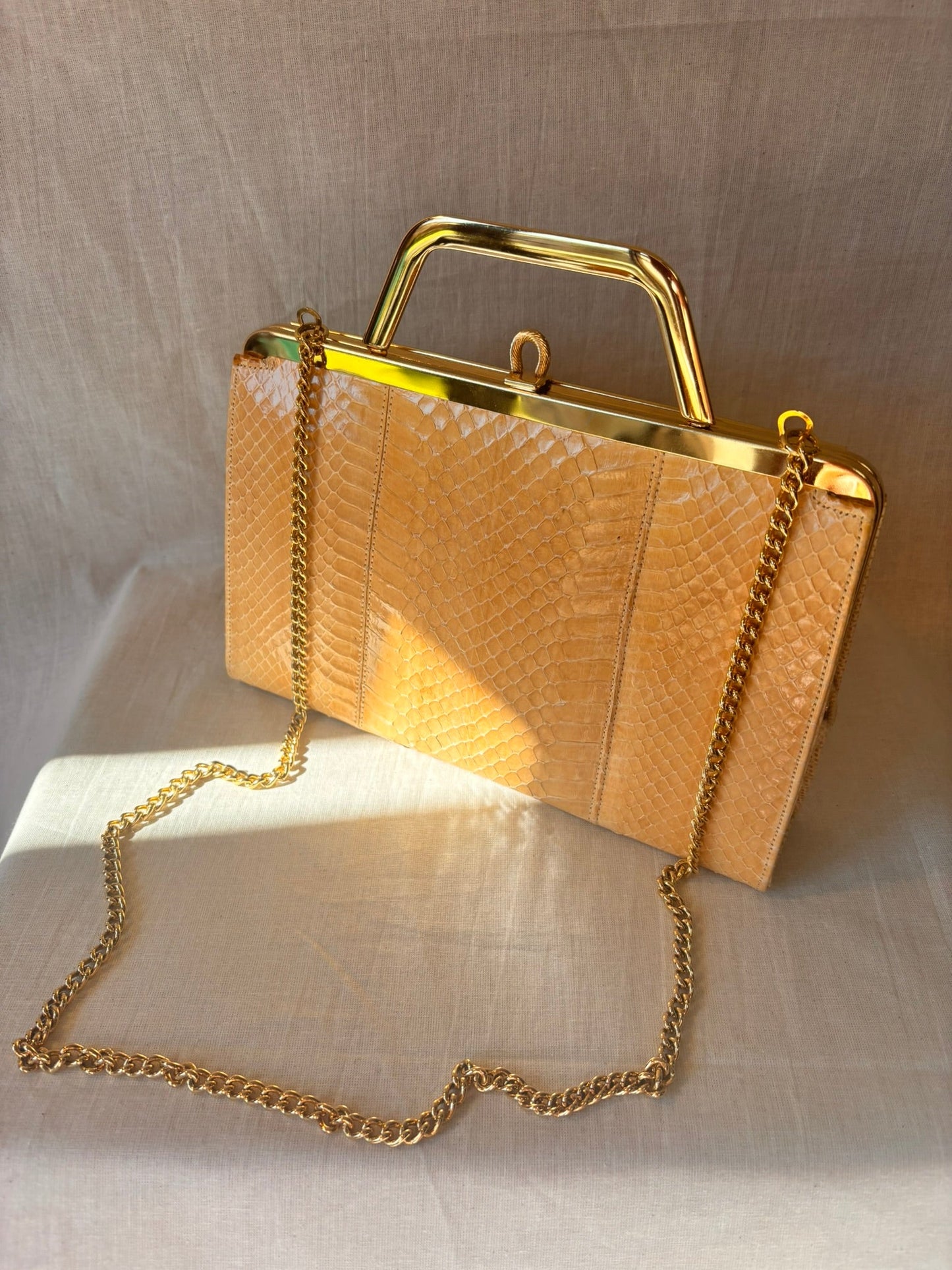 Vintage 1960s/1970s Genuine Snakeskin Clutch Bag with Gold Chain - I'd Wear That