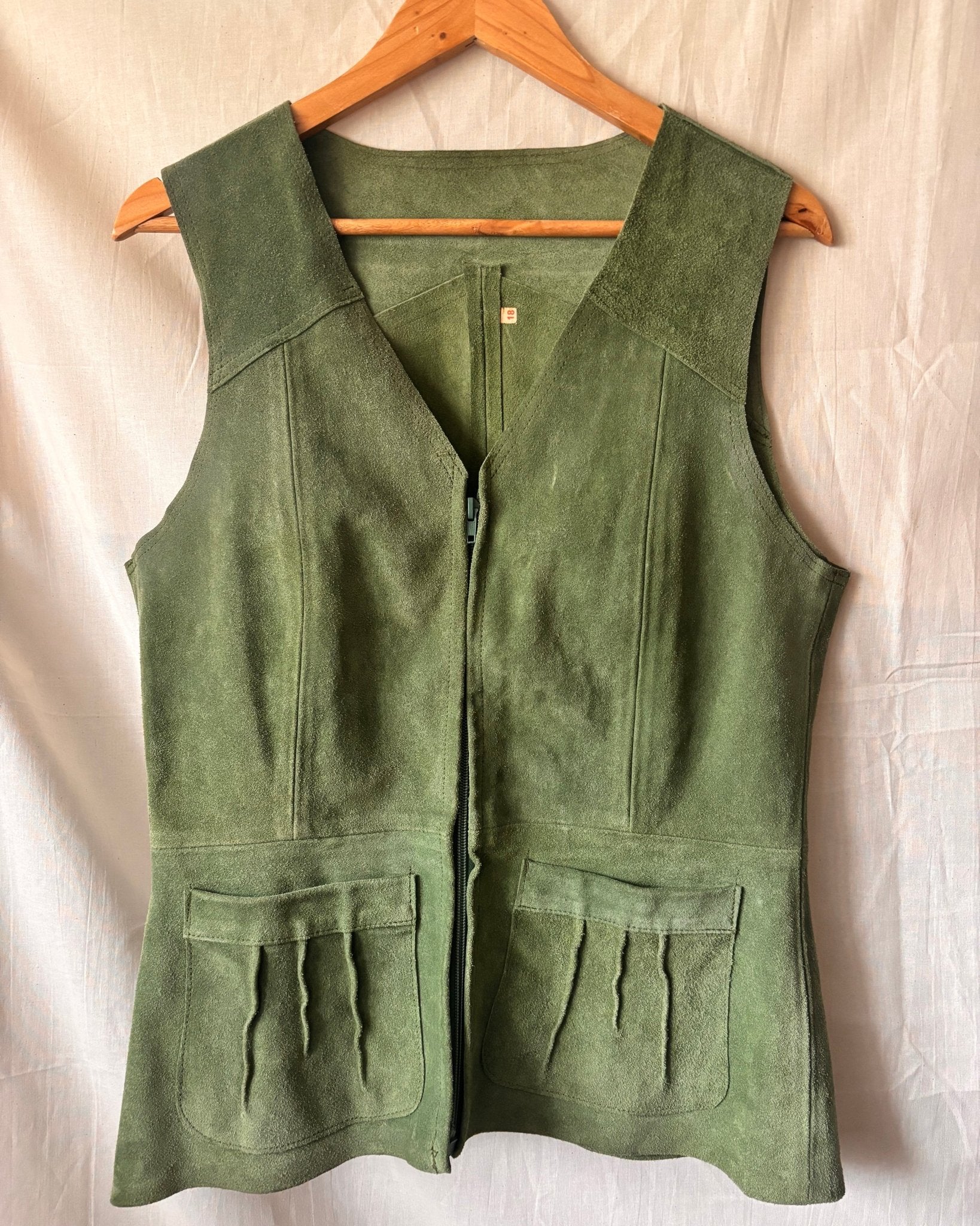 Vintage 1970s Moss Green Suede Waistcoat | Genuine Suede - I'd Wear That