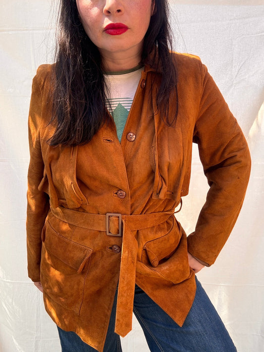 Vintage 1970s Western Suede Jacket Belted Tan Leather Coat - I'd Wear That
