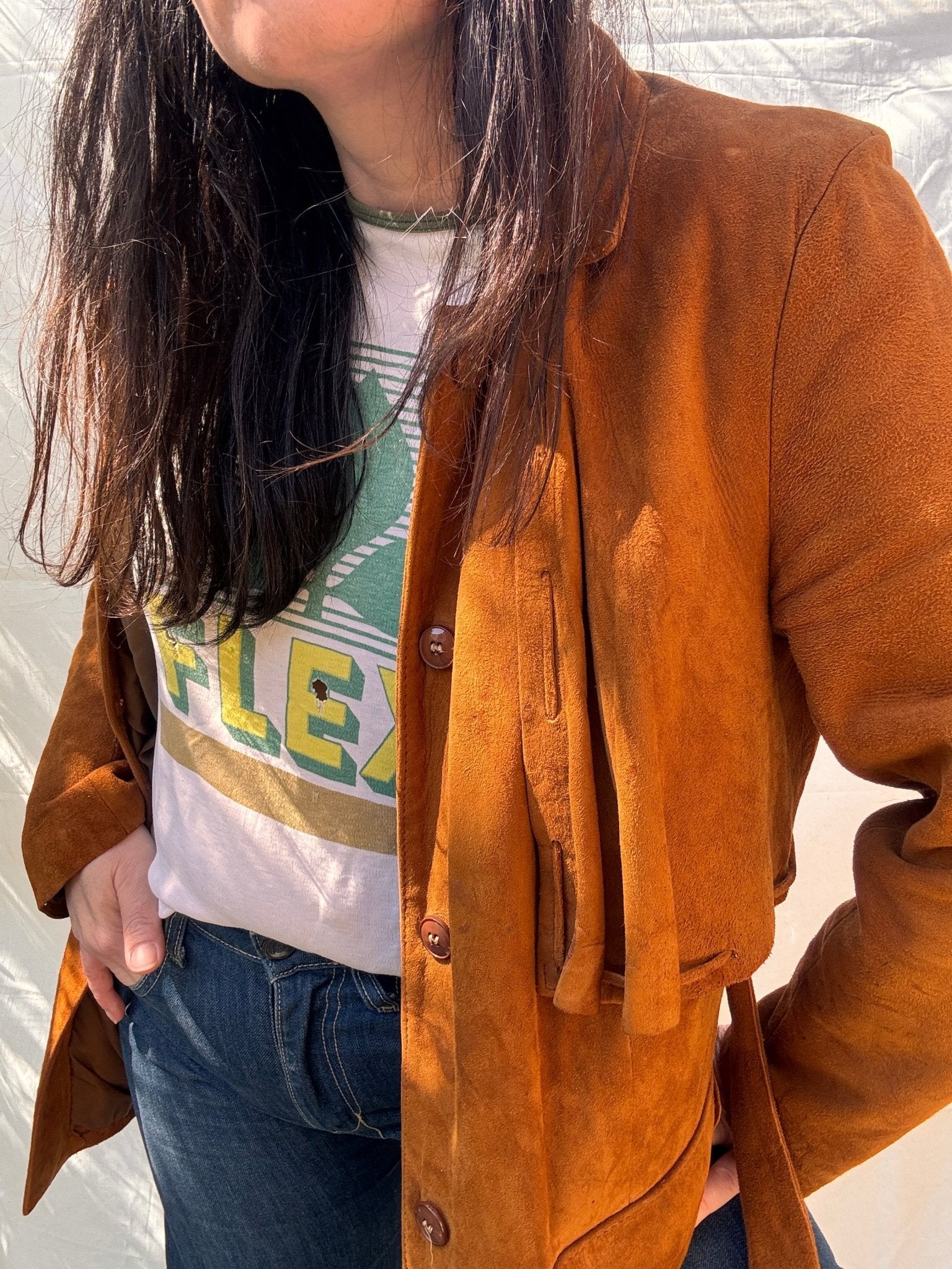 Vintage 1970s Western Suede Jacket Belted Tan Leather Coat - I'd Wear That