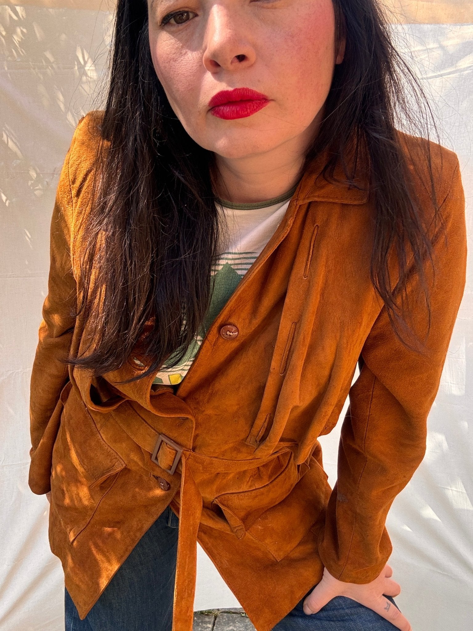 Vintage 1970s Western Suede Jacket Belted Tan Leather Coat - I'd Wear That
