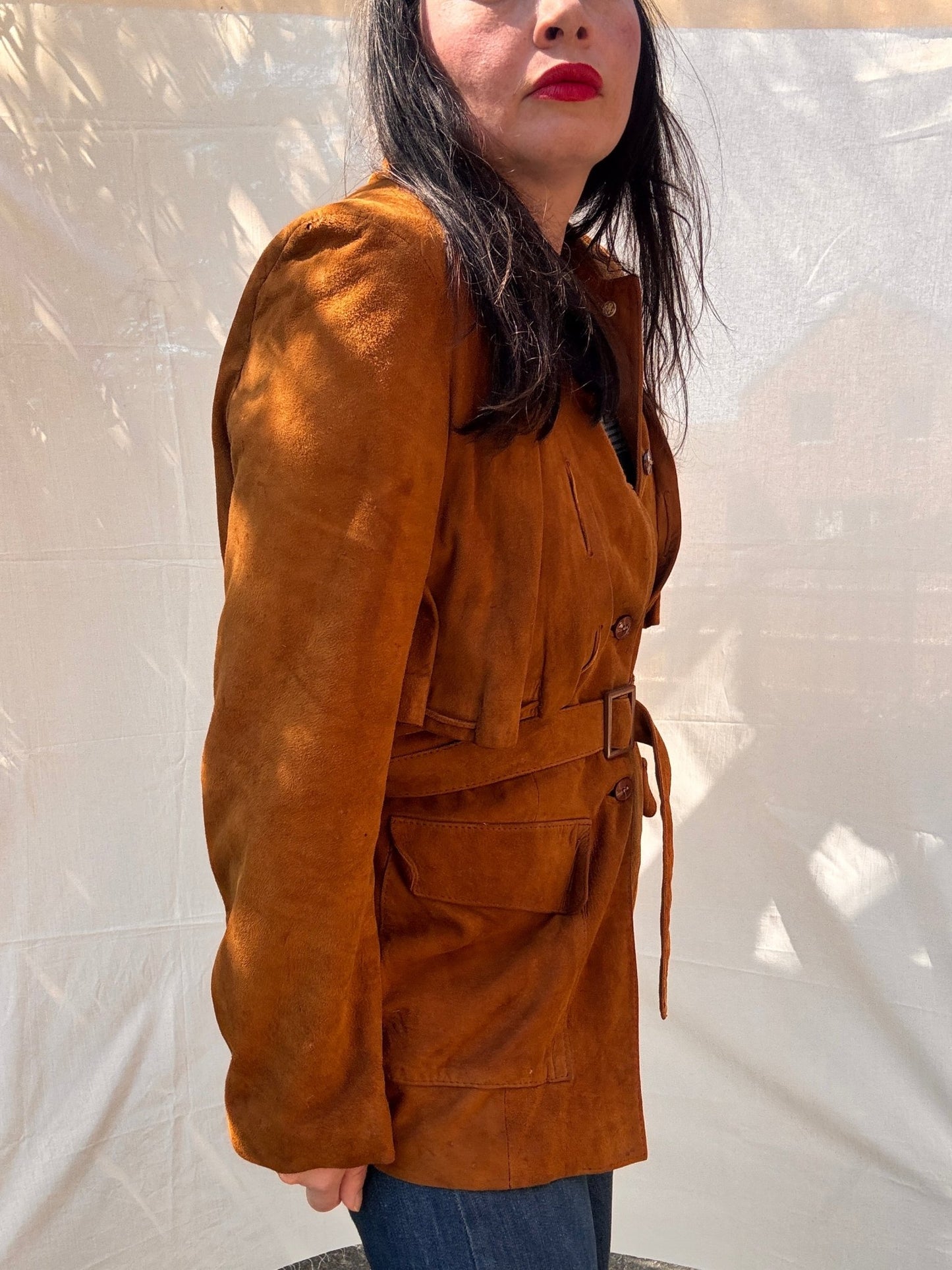 Vintage 1970s Western Suede Jacket Belted Tan Leather Coat - I'd Wear That