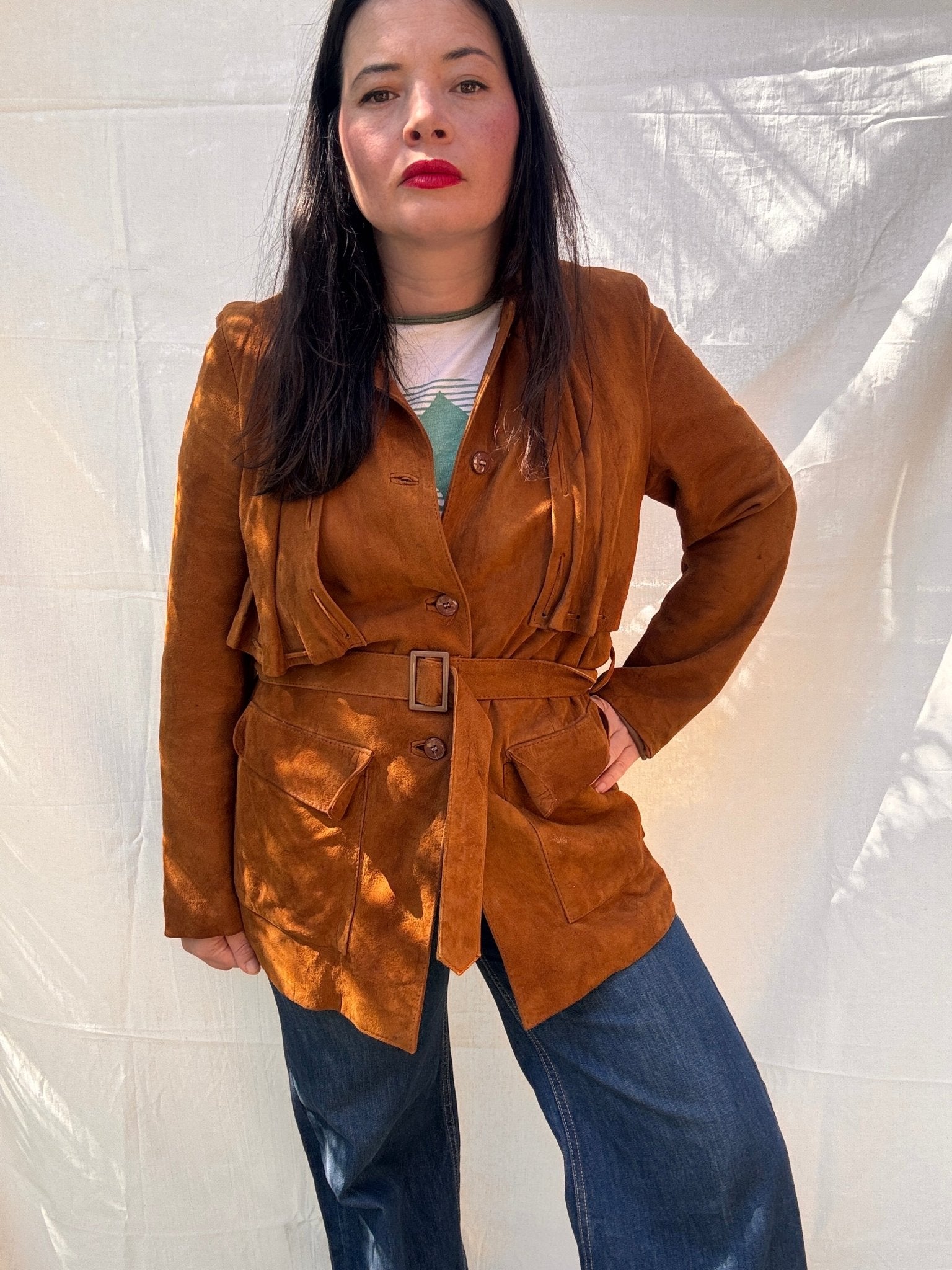 Vintage 1970s Western Suede Jacket Belted Tan Leather Coat - I'd Wear That