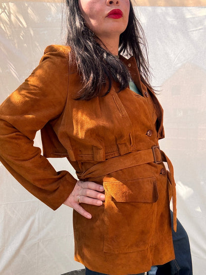 Vintage 1970s Western Suede Jacket Belted Tan Leather Coat - I'd Wear That