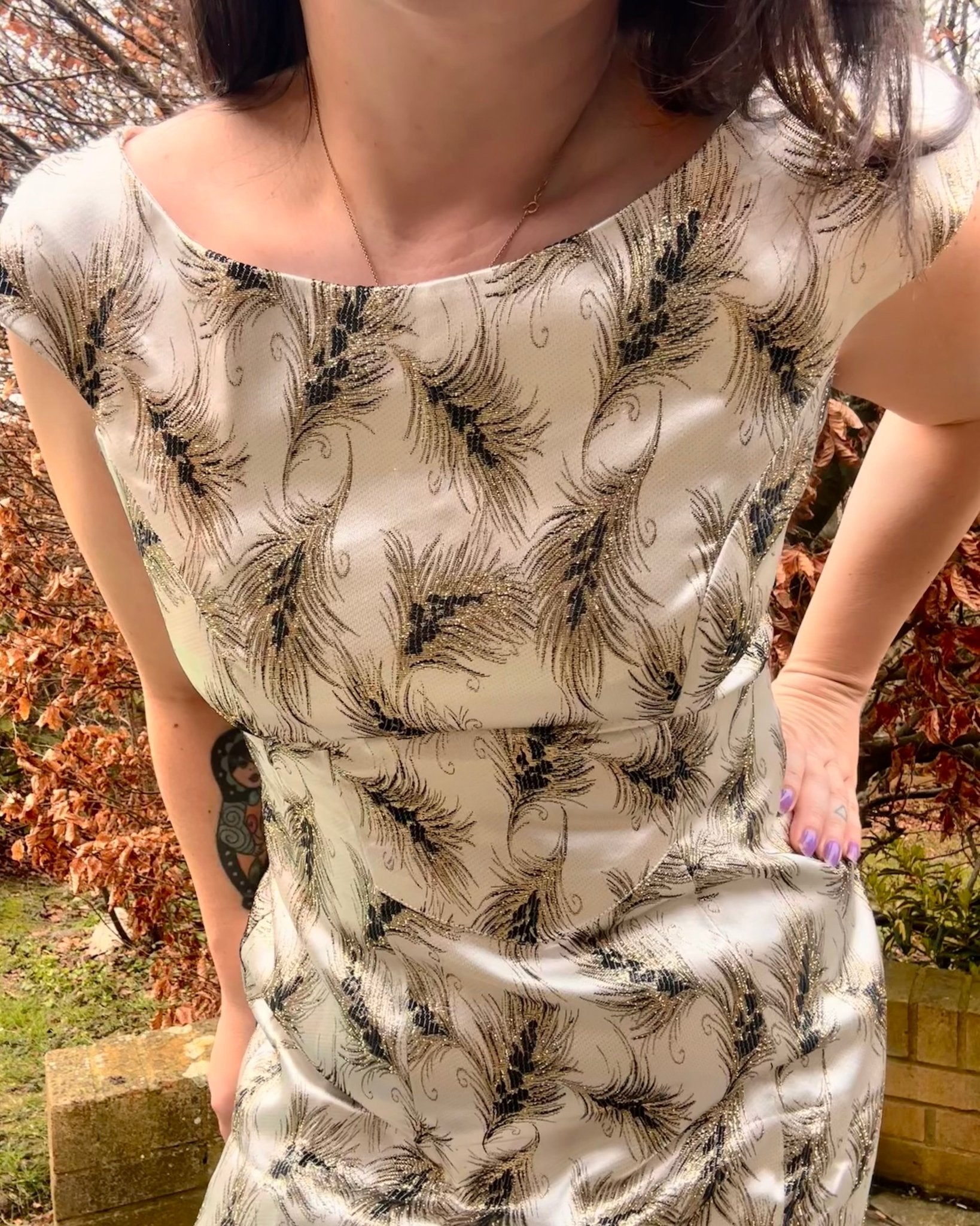 Vintage Silver Brocade Cocktail Dress with Feather Motif - I'd Wear That