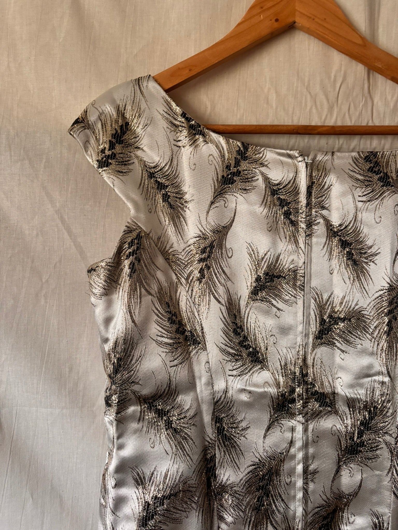 Vintage Silver Brocade Cocktail Dress with Feather Motif - I'd Wear That