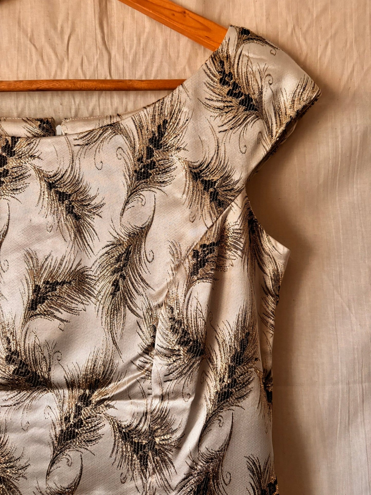 Vintage Silver Brocade Cocktail Dress with Feather Motif - I'd Wear That