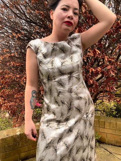 Vintage Silver Brocade Cocktail Dress with Feather Motif - I'd Wear That