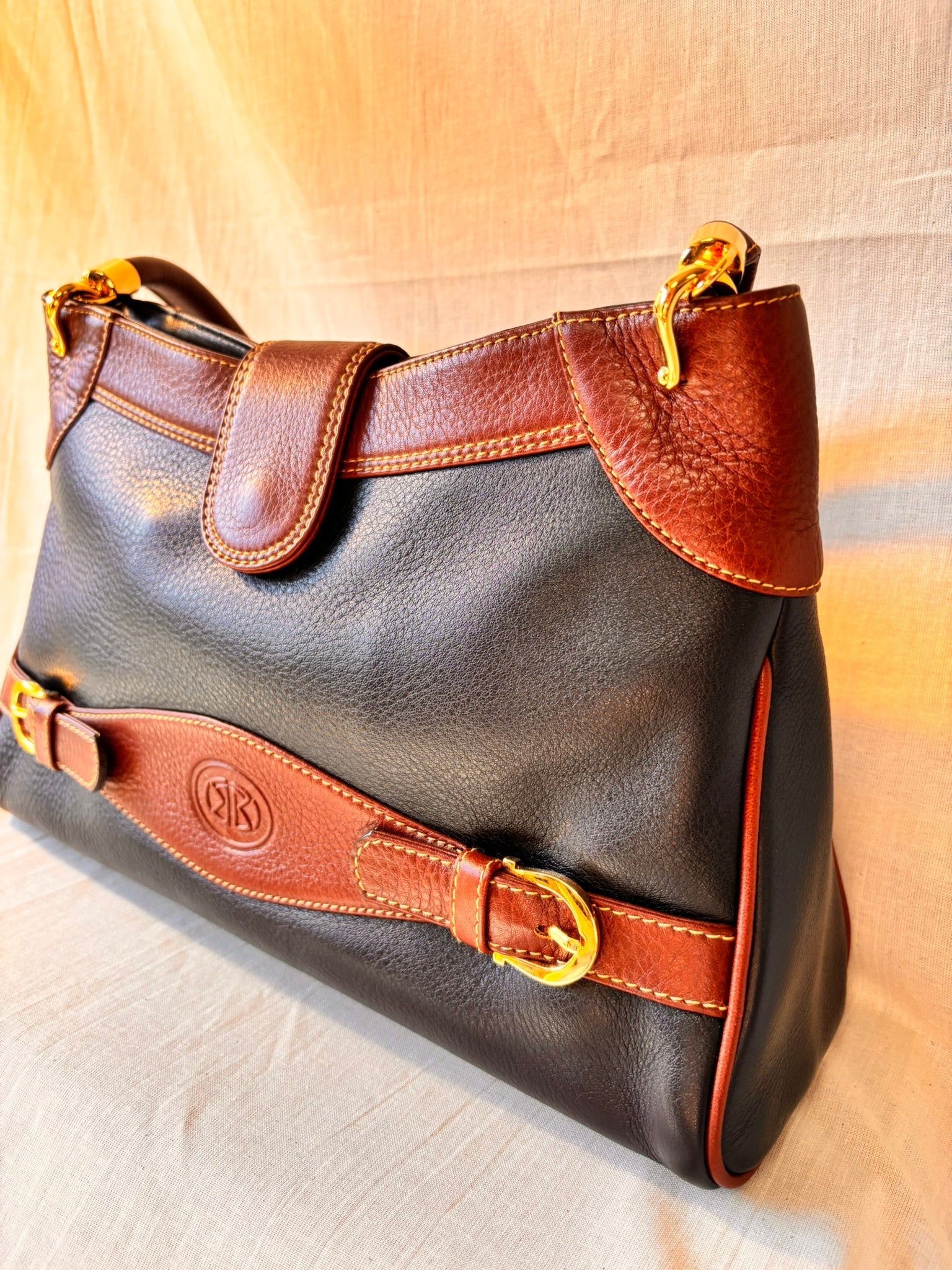 Vintage Spanish Leather Kelly Style Handbag | Black & Tan Leather Bag - I'd Wear That
