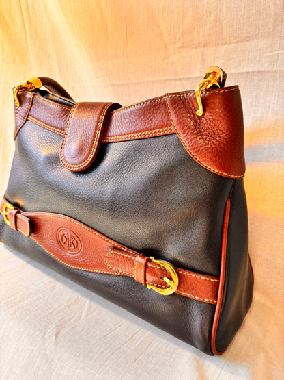 Vintage Spanish Leather Kelly Style Handbag | Black & Tan Leather Bag - I'd Wear That