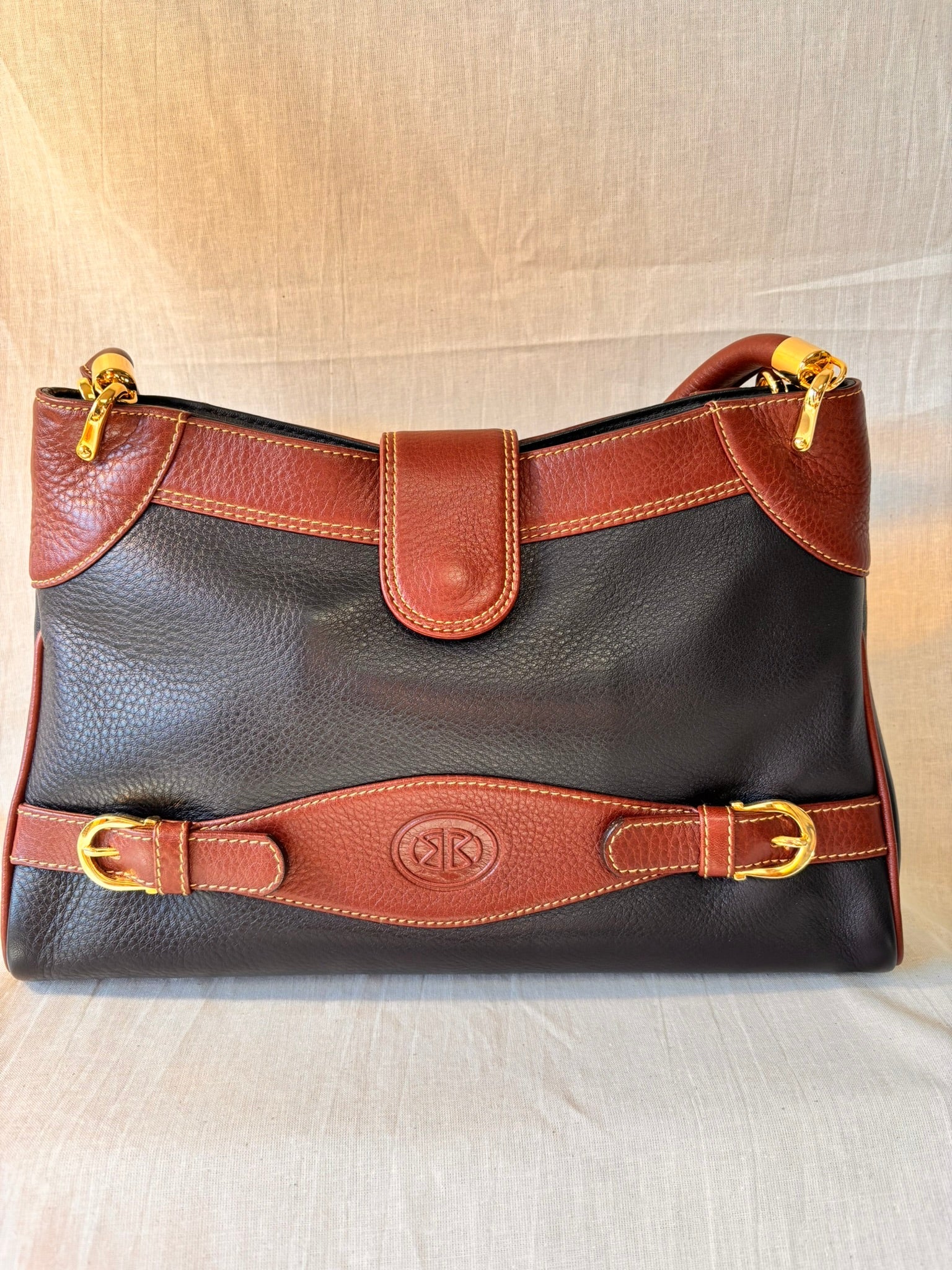 Vintage Spanish Leather Kelly Style Handbag | Black & Tan Leather Bag - I'd Wear That