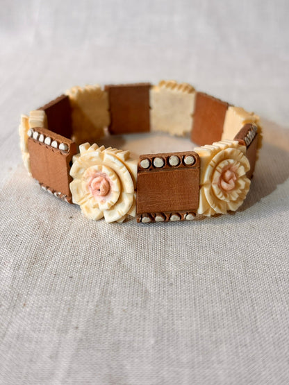 Vintage Wooden Bracelet with Carved Rose Detail - I'd Wear That