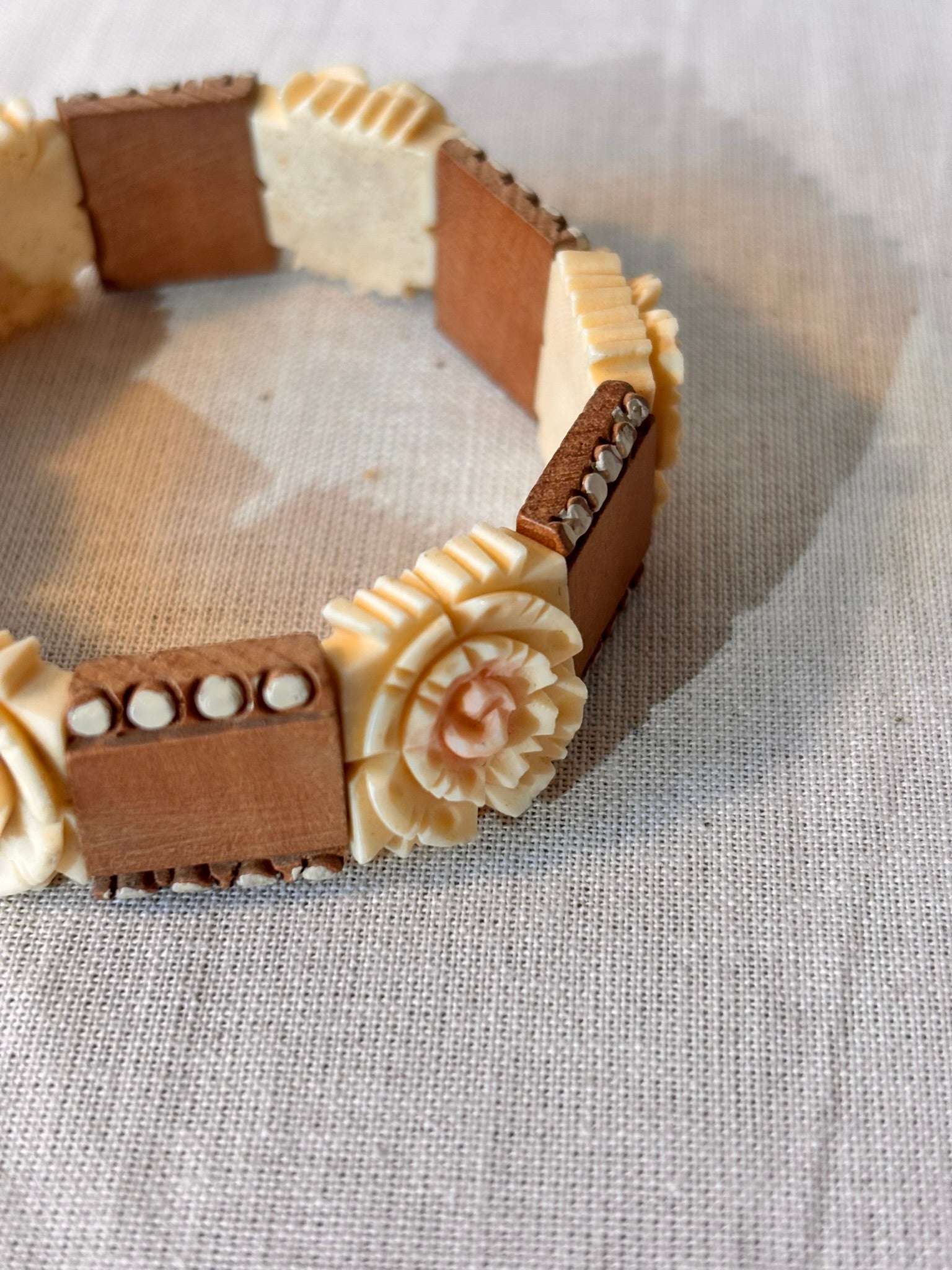 Vintage Wooden Bracelet with Carved Rose Detail - I'd Wear That