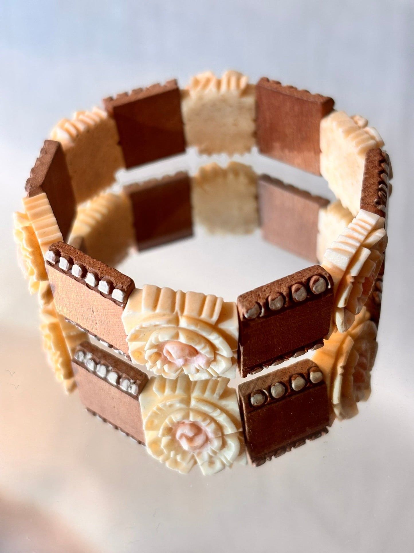 Vintage Wooden Bracelet with Carved Rose Detail - I'd Wear That