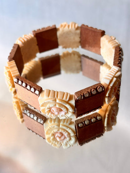 Vintage Wooden Bracelet with Carved Rose Detail - I'd Wear That
