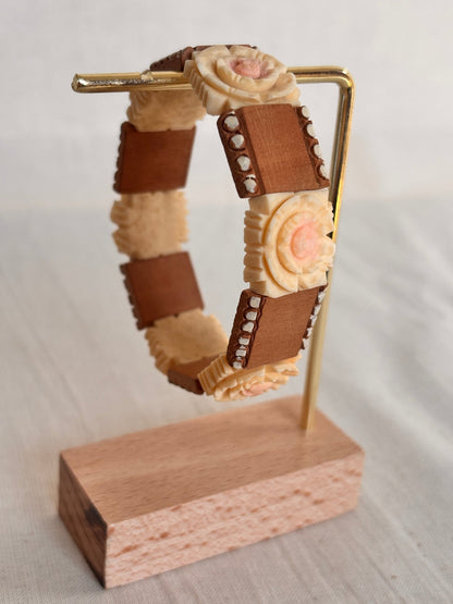 Vintage Wooden Bracelet with Carved Rose Detail - I'd Wear That
