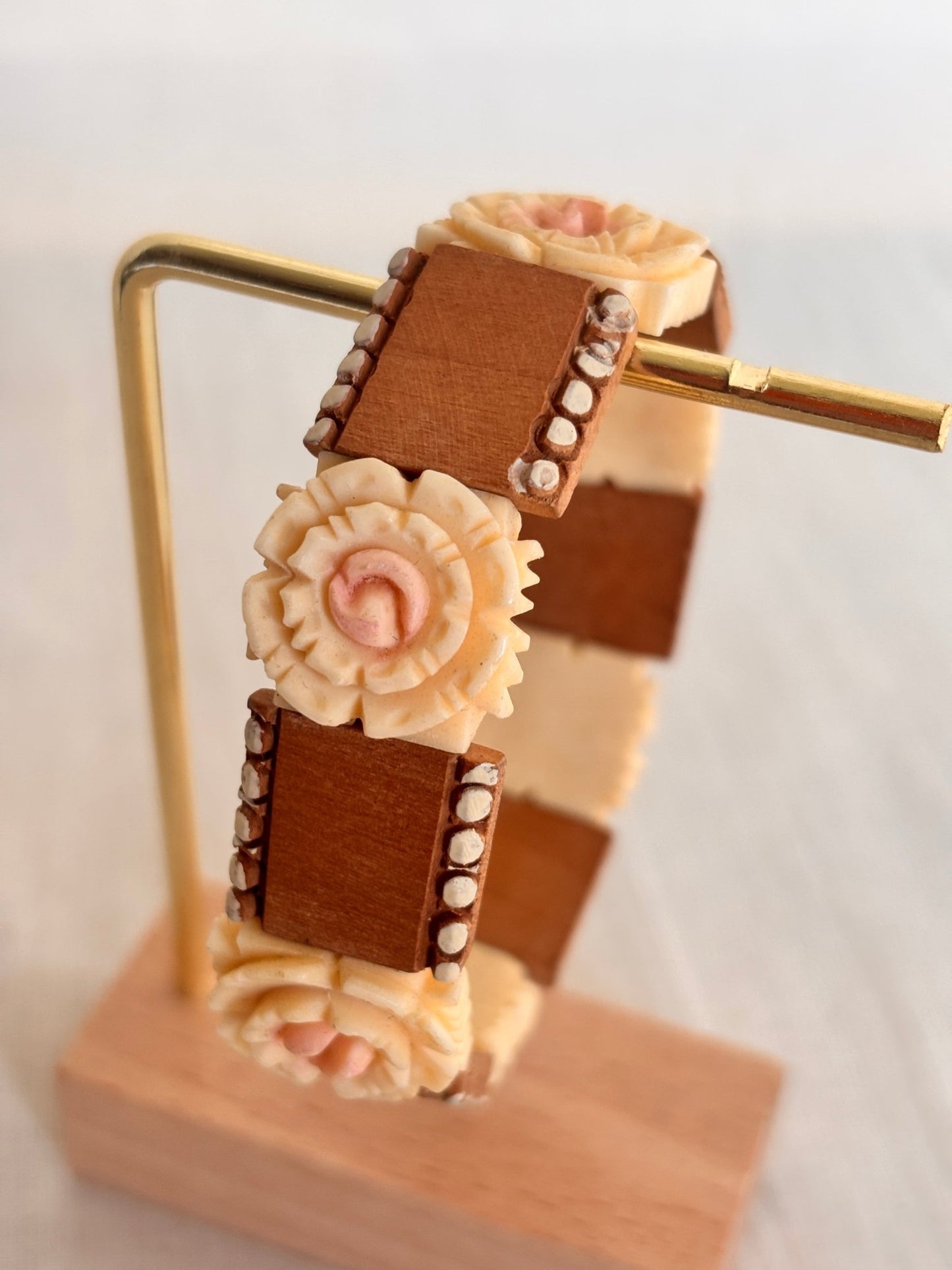 Vintage Wooden Bracelet with Carved Rose Detail - I'd Wear That